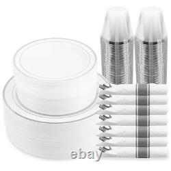 350 Piece Dinnerware Set, 100 Silver Rim Plastic Plates, 50 Cups, 50 Pre Rolled