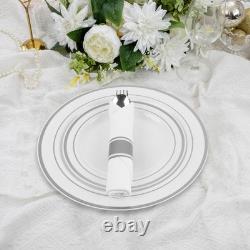 350 Piece Dinnerware Set, 100 Silver Rim Plastic Plates, 50 Cups, 50 Pre Rolled
