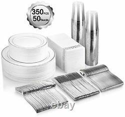 350 Piece MCIRCO Silver Dinnerware Set 100 Silver Rim Plastic Plates 50 Silv