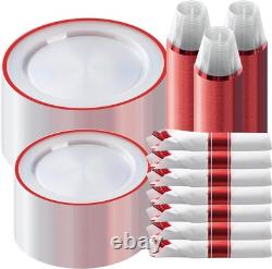 350 Piece Red Plastic Dinnerware Set for Party, Clear Disposable Plates