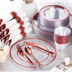 350 Piece Red Plastic Dinnerware Set for Party, Clear Disposable Plates