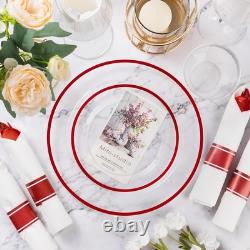 350 Piece Red Plastic Dinnerware Set for Party, Clear Disposable Plates