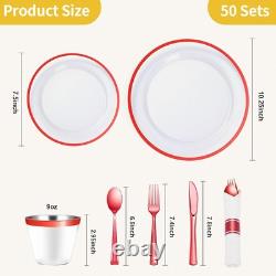 350 Piece Red Plastic Dinnerware Set for Party, Clear Disposable Plates