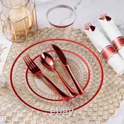 350 Piece Red Plastic Dinnerware Set for Party, Clear Disposable Plates