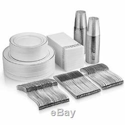 350 Piece Silver Dinnerware Set 100 Rim Plastic Plates Silverware Cups Linen