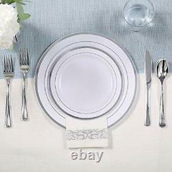 350 Piece Silver Dinnerware Set 50 Guest-100 Silver Rim Plastic Plates-50 Silver