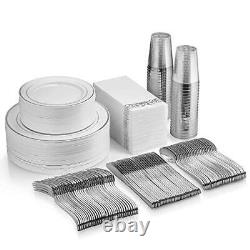 350 Piece Silver Dinnerware Set 50 Guest Silver Rim Plastic Plates 50 Sil