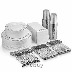 350 Piece Silver Dinnerware Set 50 Guest Silver Rim Plastic Plates 50 Silver