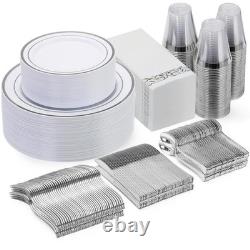 350 Pieces Silver Dinnerware Set for 50 Guests, disposable Plastic Plates for