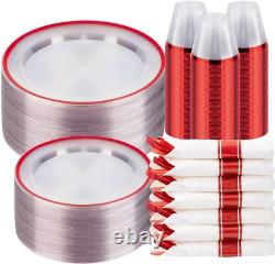 350PCS Clear & Red Disposable Party Set for 50 Guests 100 Plates, 50 Cups