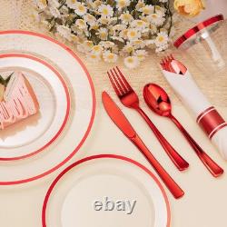 350PCS Clear & Red Disposable Party Set for 50 Guests 100 Plates, 50 Cups