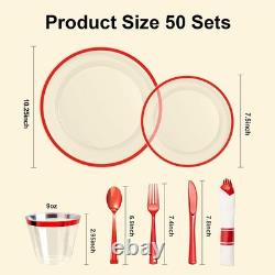 350PCS Clear & Red Disposable Party Set for 50 Guests 100 Plates, 50 Cups