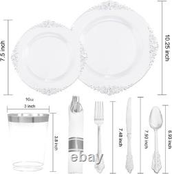 350PCS Clear Silver Plastic Plates Silver Disposable Plates sets Include 50