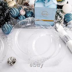 350PCS Clear Silver Plastic Plates Silver Disposable Plates sets Include 50