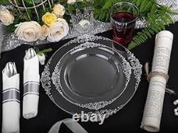 350PCS Clear Silver Plastic Plates Silver Disposable Plates sets Include 50