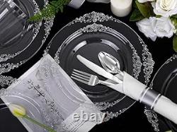 350PCS Clear Silver Plastic Plates Silver Disposable Plates sets Include 50
