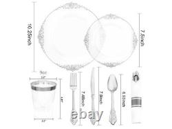 350PCS Clear Silver Plastic Plates Silver Disposable Plates sets Include 50