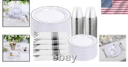 350PCS Elegant Silver Plastic Dinnerware Set for 50 Guests Perfect for Parties