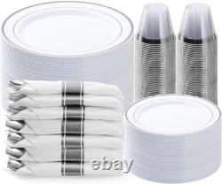 350PCS Elegant Silver Plastic Dinnerware Set for 50 Guests Perfect for Parties