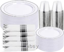 350PCS Elegant Silver Plastic Dinnerware Set for 50 Guests Perfect for Parties