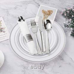 350PCS Elegant Silver Plastic Dinnerware Set for 50 Guests Perfect for Parties