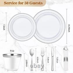 350PCS Elegant Silver Plastic Dinnerware Set for 50 Guests Perfect for Parties