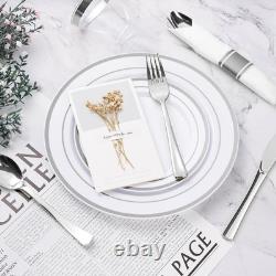 350PCS Elegant Silver Plastic Dinnerware Set for 50 Guests Perfect for Parties