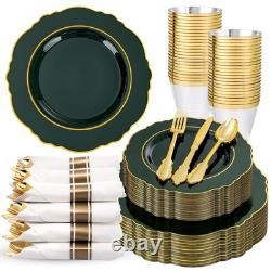 350PCS Green Plastic Plates Dark Green Disposable Plates With Gold Rim 50