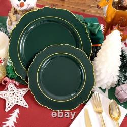 350PCS Green Plastic Plates Dark Green Disposable Plates With Gold Rim 50
