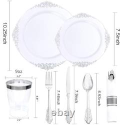 350PCS Plastic Plates Plastic Dinnerware Sets for 50 Guests 100 Silver