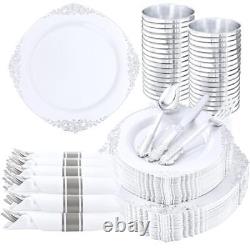 350PCS Plastic Plates Plastic Dinnerware Sets for 50 Guests 100 Silver