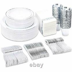 350PCS Plastic Plates With Disposable Plasticware&Napkins- Rim Plastic Silver