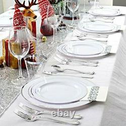 350PCS Plastic Plates With Disposable Plasticware&Napkins- Rim Plastic Silver