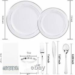 350PCS Plastic Plates With Disposable Plasticware&Napkins- Rim Plastic Silver