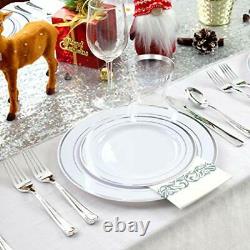 350PCS Plastic Plates With Disposable Plasticware&Napkins- Rim Plastic Silver