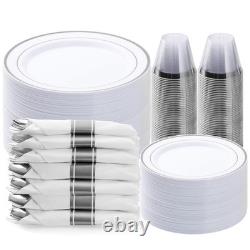 350PCS Silver Plastic Dinnerware Set, Disposable Party Plates for 50 Guests