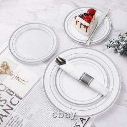 350PCS Silver Plastic Dinnerware Set, Disposable Party Plates for 50 Guests
