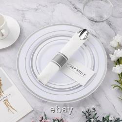 350PCS Silver Plastic Dinnerware Set, Disposable Party Plates for 50 Guests