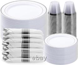 350PCS Silver Plastic Dinnerware Set, Disposable Party Plates for 50 Guests, Inc 350PCS Silver Plastic Dinnerware Set, Disposable Party Plates for 50 Guests, Inc