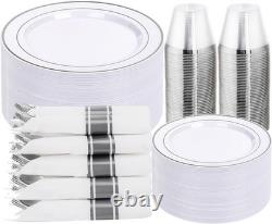 350PCS Silver Plastic Dinnerware Set for 50 Guests, Fancy Disposable Plates f