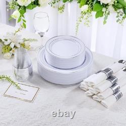 350PCS Silver Plastic Dinnerware Set for 50 Guests, Fancy Disposable Plates f