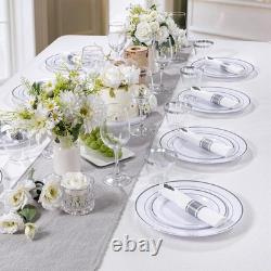 350PCS Silver Plastic Dinnerware Set for 50 Guests, Fancy Disposable Plates f