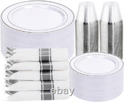 350PCS Silver Plastic Dinnerware Set for 50 Guests, Fancy Disposable Plates for