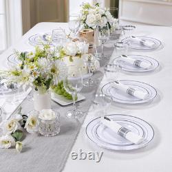 350PCS Silver Plastic Dinnerware Set for 50 Guests, Fancy Disposable Plates for