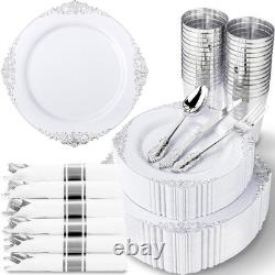 350Pcs Silver Plastic Plates, Plastic Dinnerware Set for 50 Guests