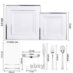 350Pcs Silver Plates Silver Square Plastic Plates 9.5 and 6 serve for