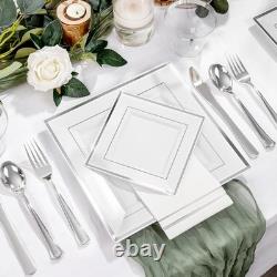 350Pcs Silver Plates Silver Square Plastic Plates 9.5 and 6 serve for