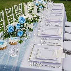 350Pcs Silver Plates Silver Square Plastic Plates 9.5 and 6 serve for