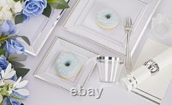350Pcs Silver Plates Silver Square Plastic Plates 9.5 and 6 serve for