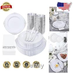 350pc White Silver Plastic Plates & Silverware Baroque Elegance, Disposable